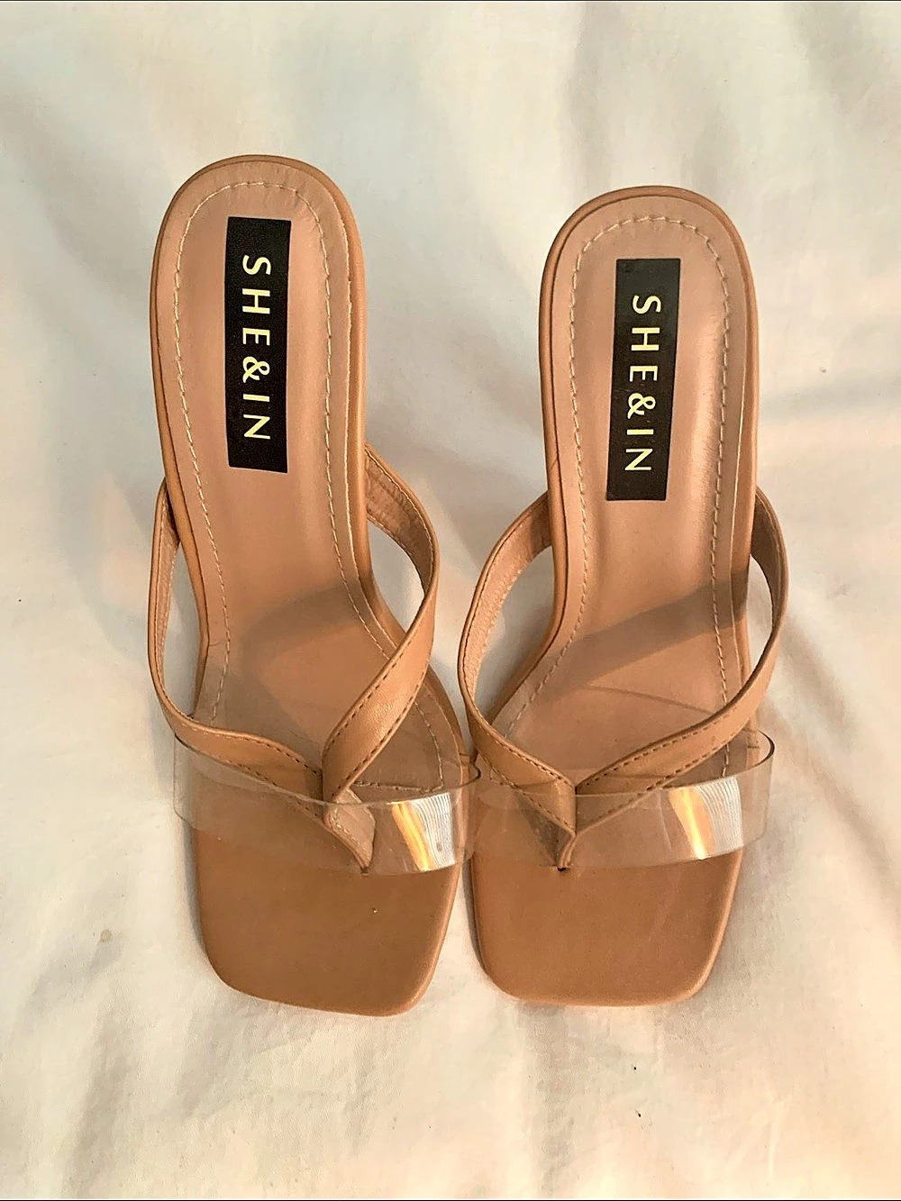 SHEIN Square Toe Clear Band Thong Heeled Sandals Brown Like New